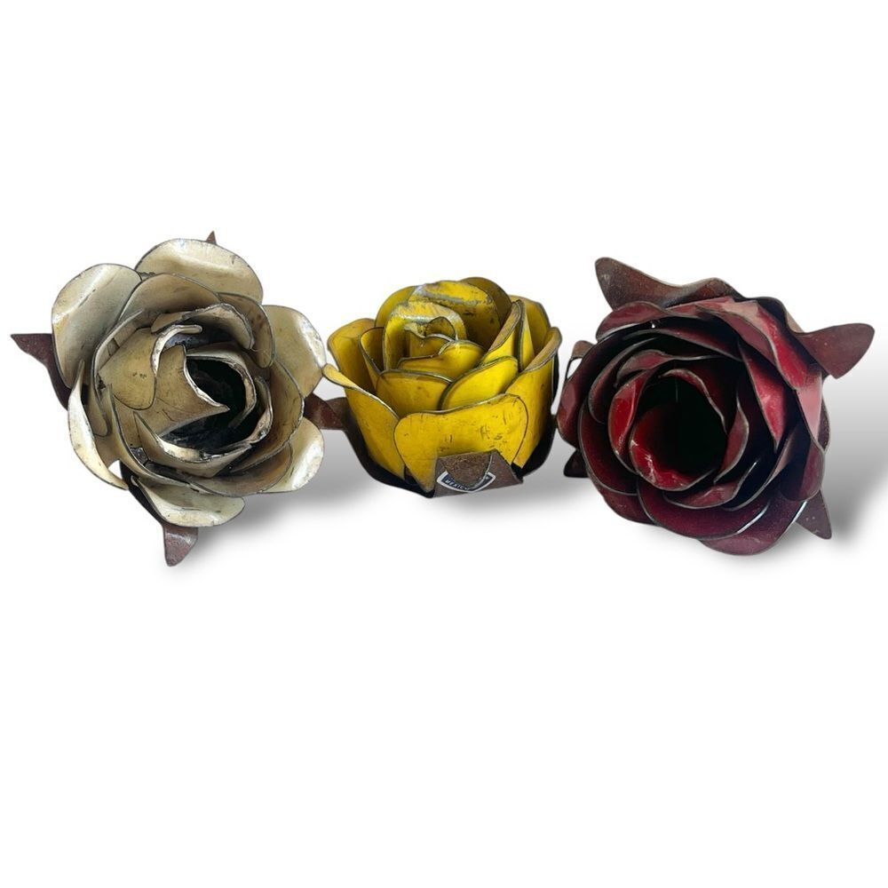 Rustic Painted Forged Metal Decorative Rose Bloom Trio in White Red Yellow - Picture 2 of 16
